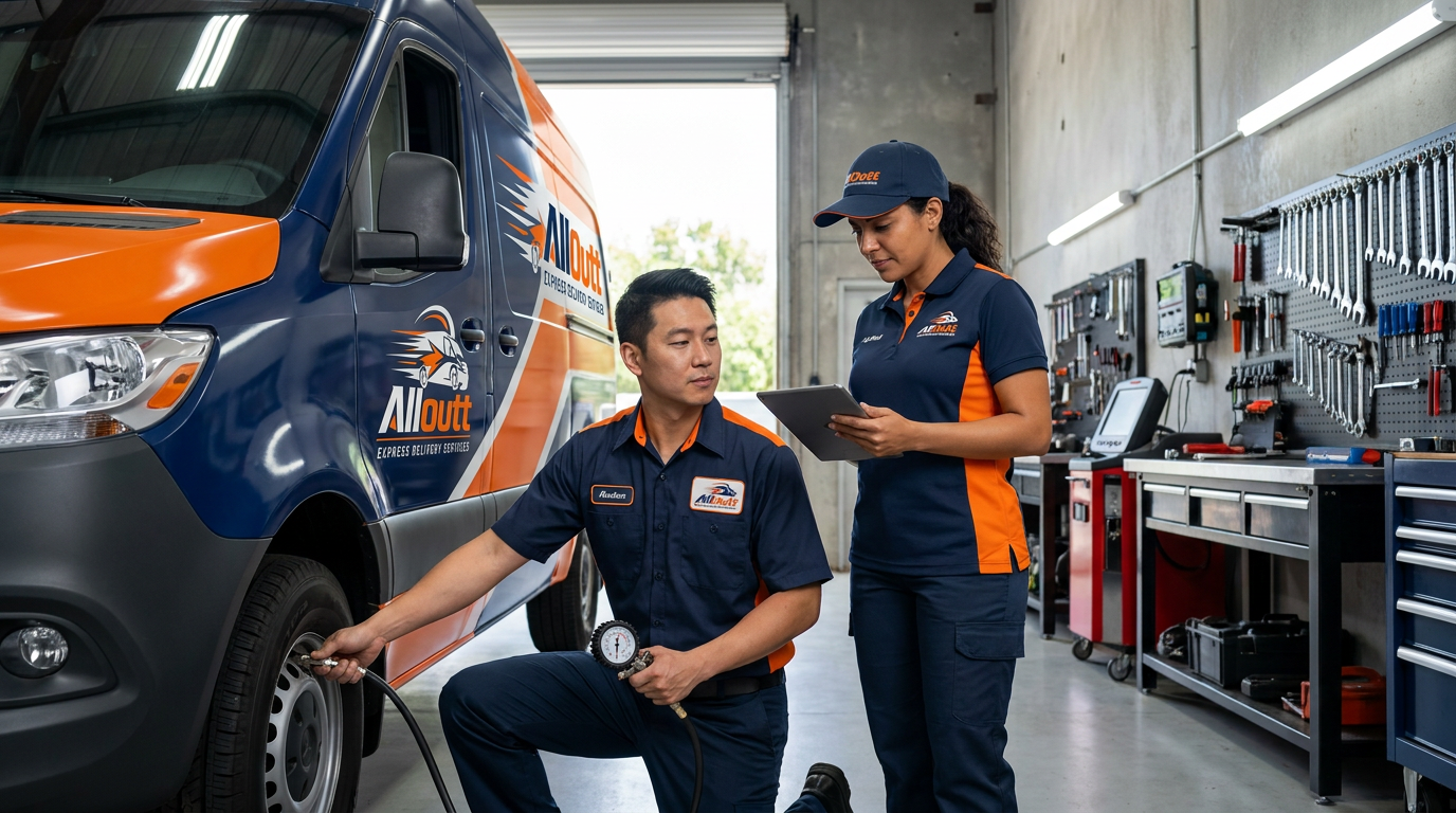 Alloutt Express mechanics servicing a delivery van